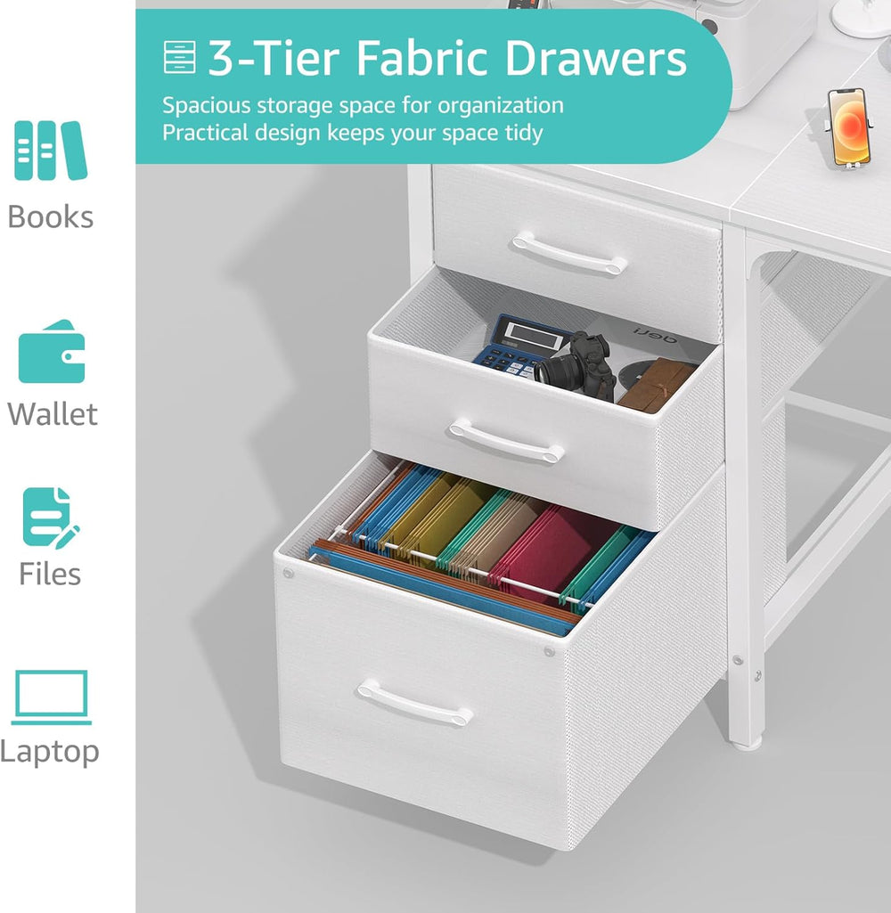 Lufeiya White Desk with File Drawers Cabinet, 47 Inch Reversible Computer Des...