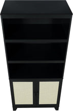 Manhattan Comfort Sheridan Modern Cane Bookcase with Adjustable Open Shelves, Soft Close Doors, and Concealed Compartments, Versatile 3 Tier Bookshelf Storage for Home and Office, Set of 2, Black