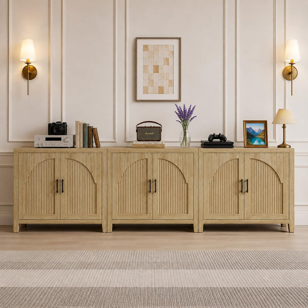 Bestier 110"W Fluted Long Sideboard Buffet Cabinet with Storage,Natural Oak