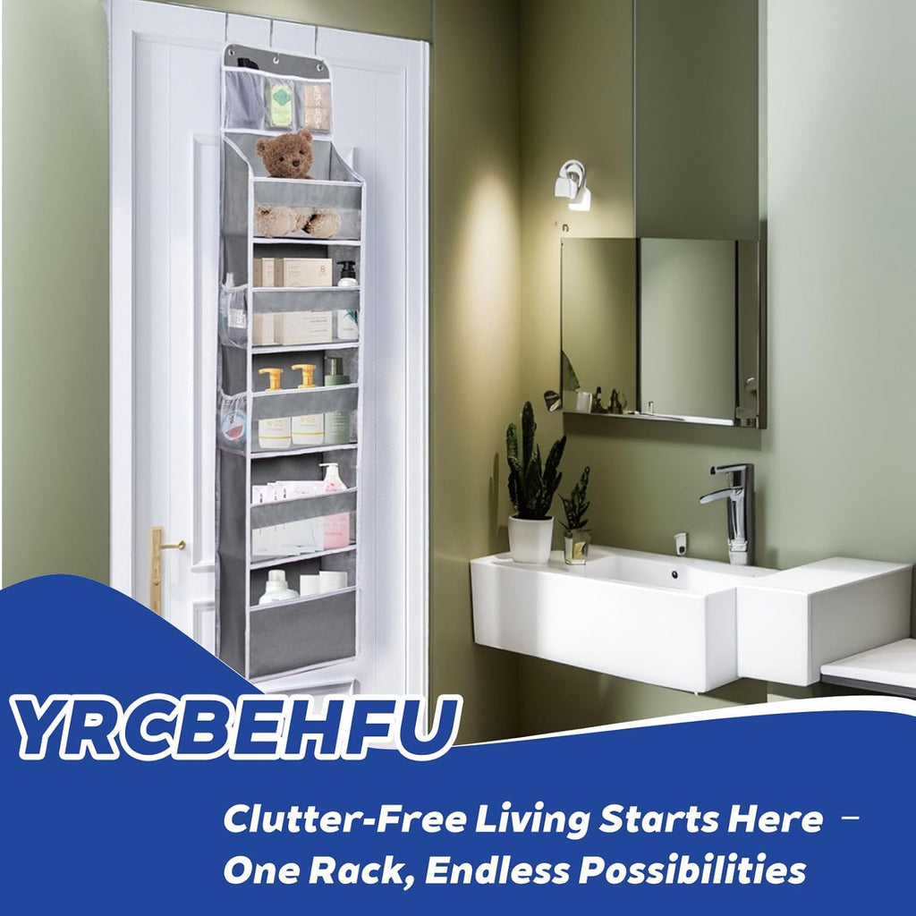 Over The Door Organizer 6 Tier with 12 Pockets & Reinforced Hooks - 59" Hanging Storage Organizer for Bathroom, Nursery, Pantry & Laundry (Light Grey)