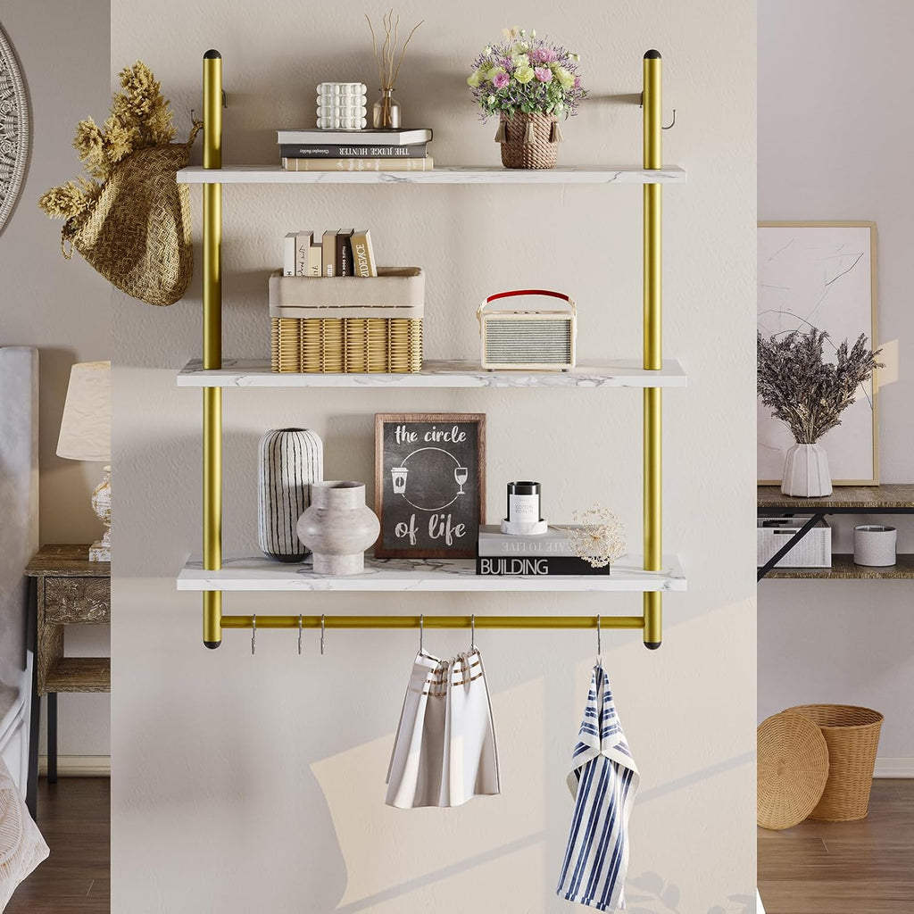 Bestier 31" Industrial Pipe Shelving, Floating Kitchen Wall Shelves 3 Tier Coffee Bar Shelves for Wall with 8 Hooks, Hanging Display Shelf Bookshelf for Living Room Bathroom, White Marble