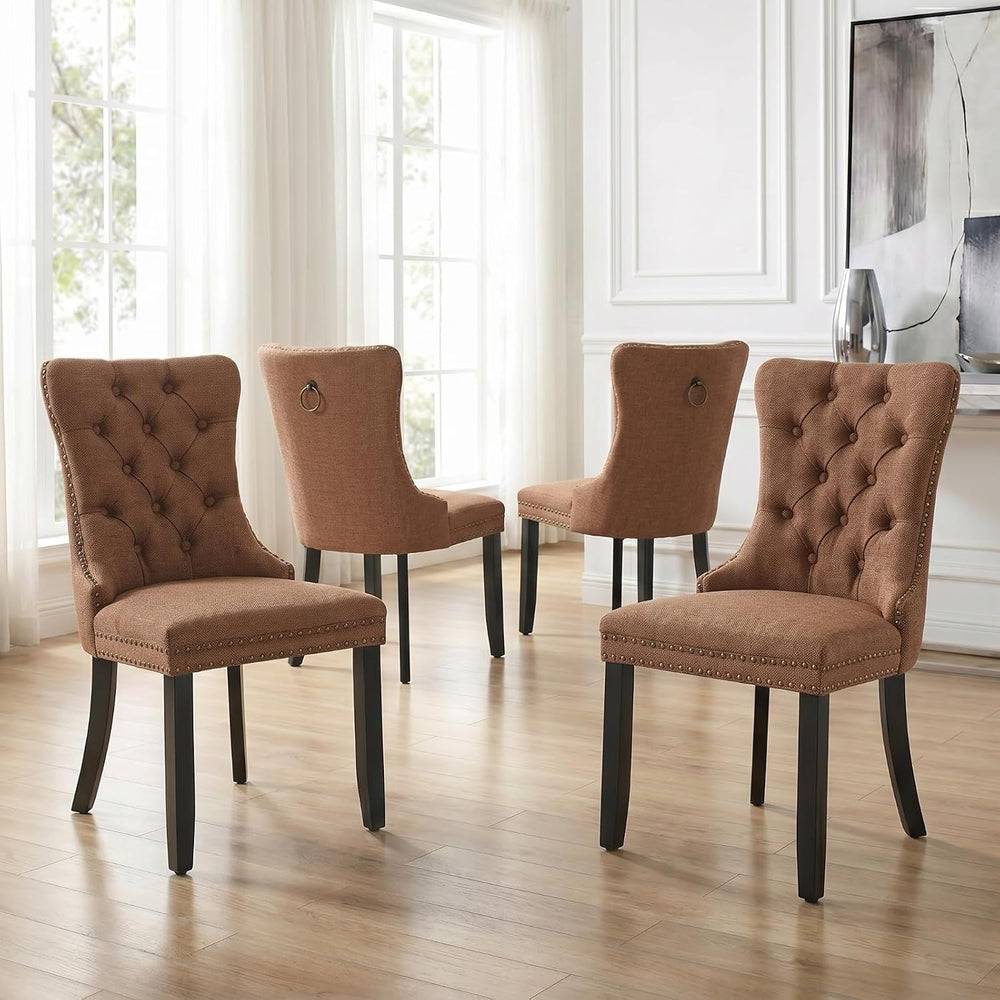 Espresso Brown Mid Century Modern Dining Chairs Set of 4, Linen Upholstered K...