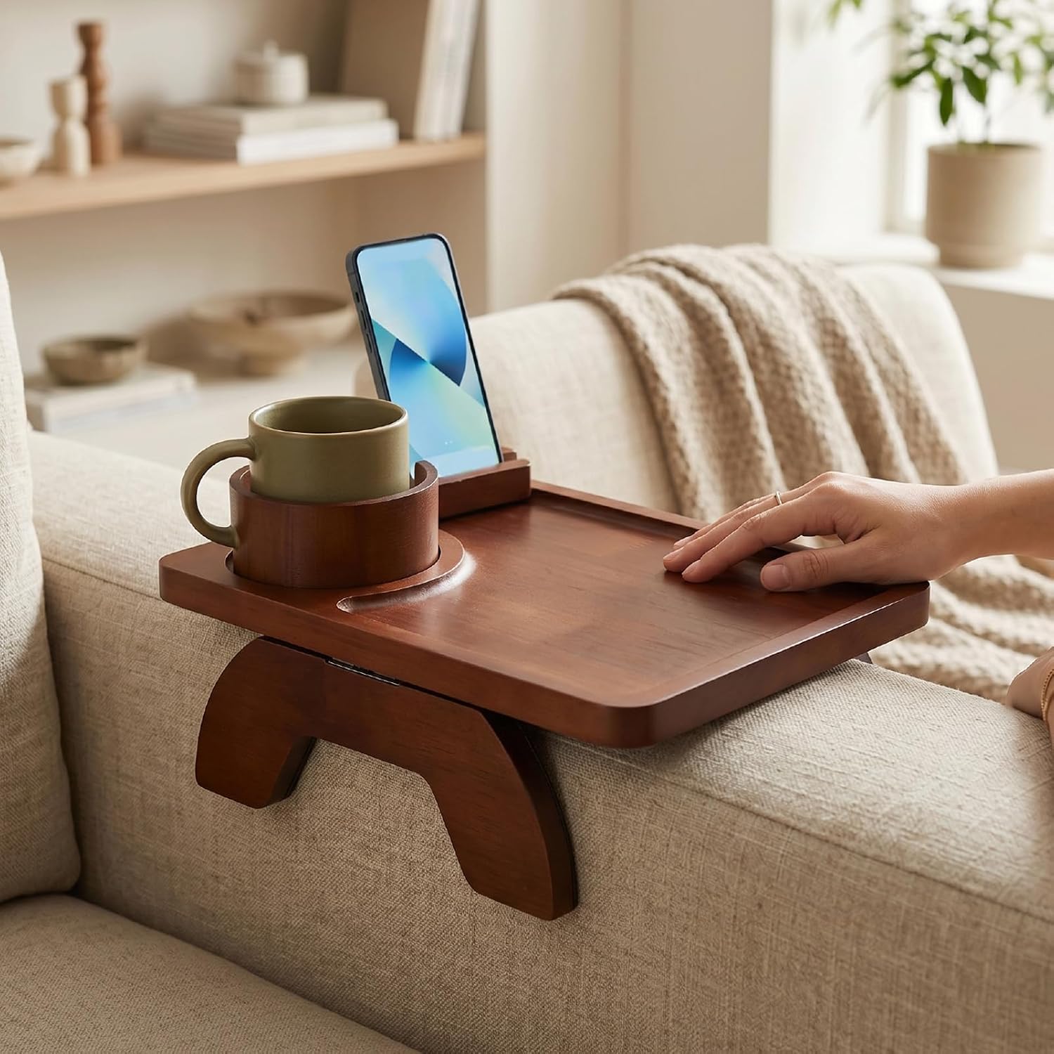 Asixxsix Sofa Arm Tray, Natural Pinewood Clip On Tray with Cup Holder and 360 Degree Rotatable Phone Stand, Foldable Couch Armrest Table for Living Room Snacks Drinks Remote Control (Brown)
