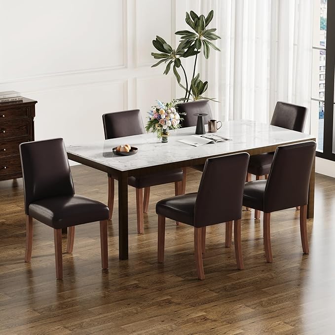 Dining Chairs Set of 6, Modern Dining Room Chairs with Wooden Legs, Faux Leather Upholstered Kitchen Farmhouse Parsons Chairs for Restaurant & Cafe- Dark Brown