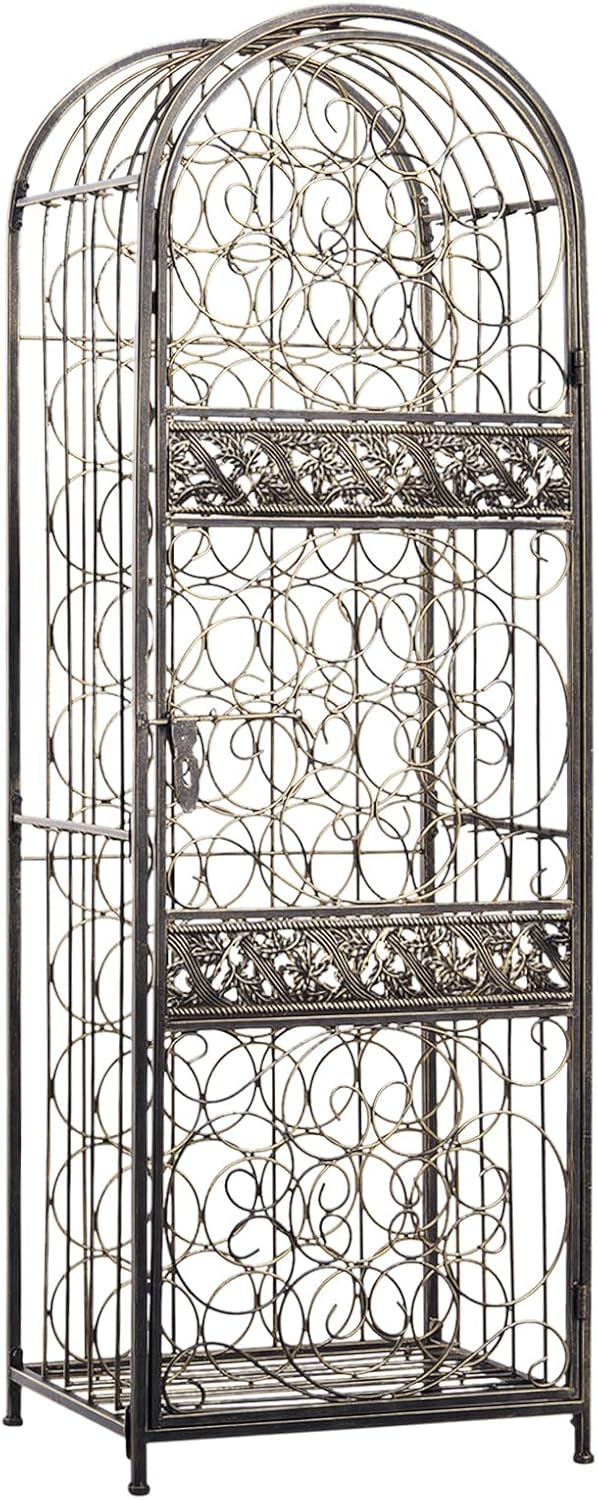 Wine Rack Cabinet, 45-Bottle Wrought Iron Wine Storage Cage with Lock, Antiqu...