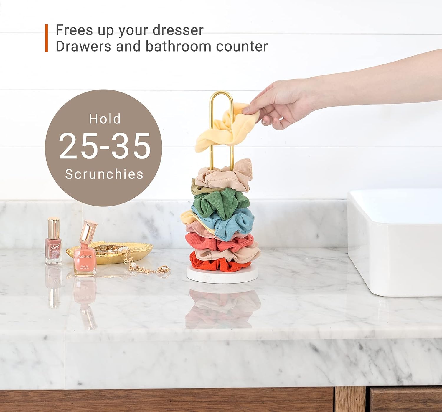 Mkono Scrunchies Holder Stand Hair Accessories Organizer Gold White Metal Scrunchies Tower Hold 25 - 35 Scrunchies Modern Vertical Hair Tie Organizer for Girls, White