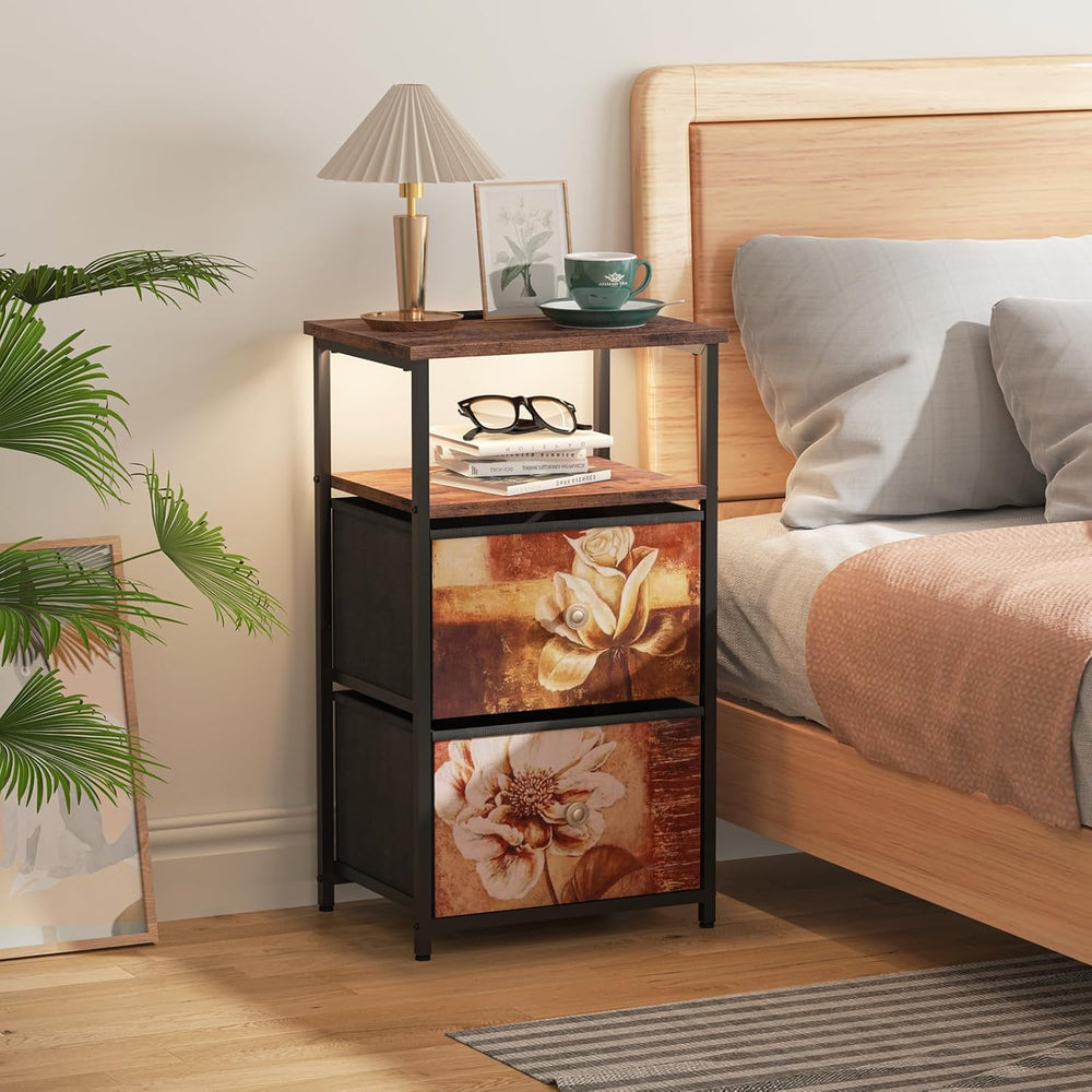 ALBAD Nightstand with Charging Station and LED Lights, Brown Flower Drawers |...