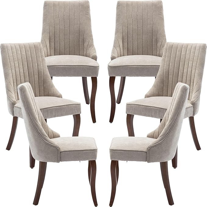 Modern Dining Chairs Set of 6, Mid Century Kitchen & Dining Room Chairs, Velvet Upholstered Kitchen Chairs with Wood Legs, Sillas de Comedor, Easy Assembly, Beige, 6 Pieces