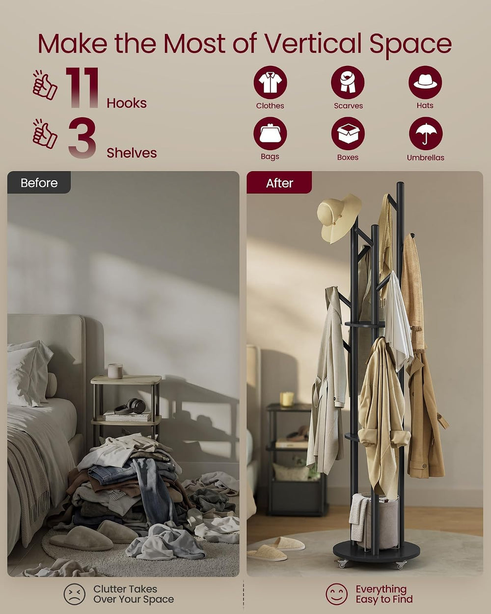VASAGLE Freestanding Coat Rack Stand, with Wheels, 11 Hooks, 3 Shelves