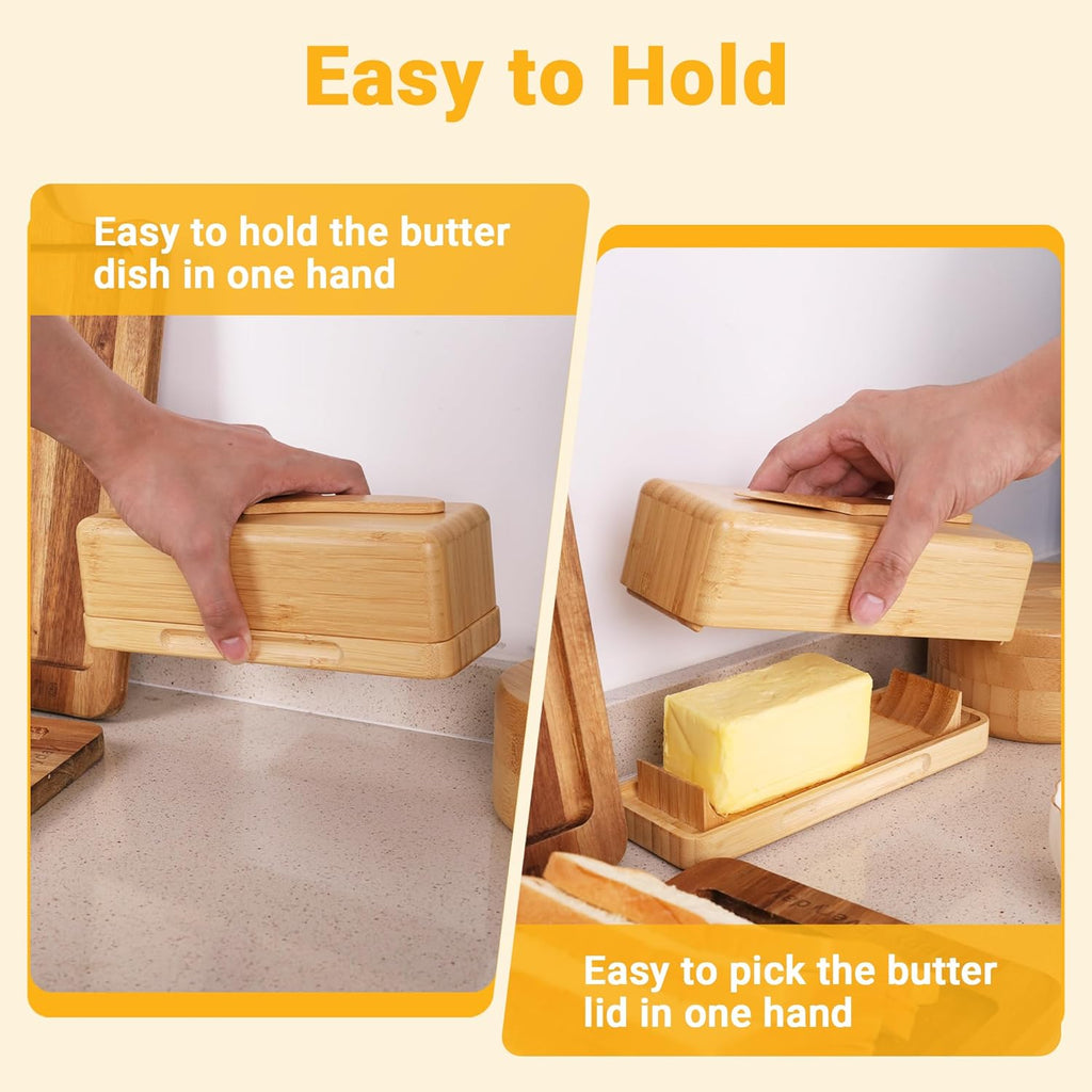 Bamboo Butter Dish with Lid for Countertop Butter Container for Fridge Magnetic Butter Holder with Knife for East and West Coast Butter By beardo decor