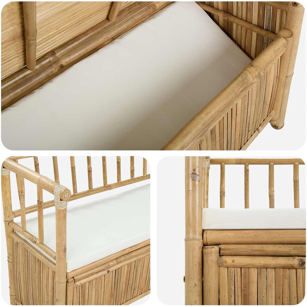 Bamboo Garden Storage Bench 110 x 47 x 80 cm, Natural Finish with Hidden Stor...