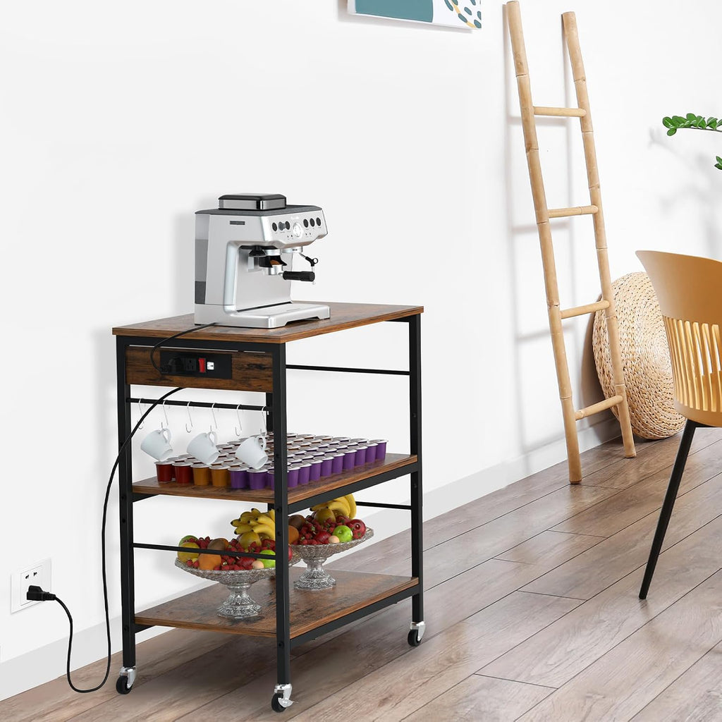 Bakers Rack with Power Outlet Kitchen Microwave Stand Cart 3 Tier Coffee Bar Table Kitchen Storage Shelf Rack with 10 S-Shaped Hooks for Living Room Dining Room Office Brown