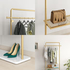 TIEOU Gold Coat Racks with Shelf, Heavy Duty Gold Clothing Racks for Boutiques, Free-Standing Metal Garment Rack for Hanging Clothes, Modern Clothes Rack Entryway(2 tier)