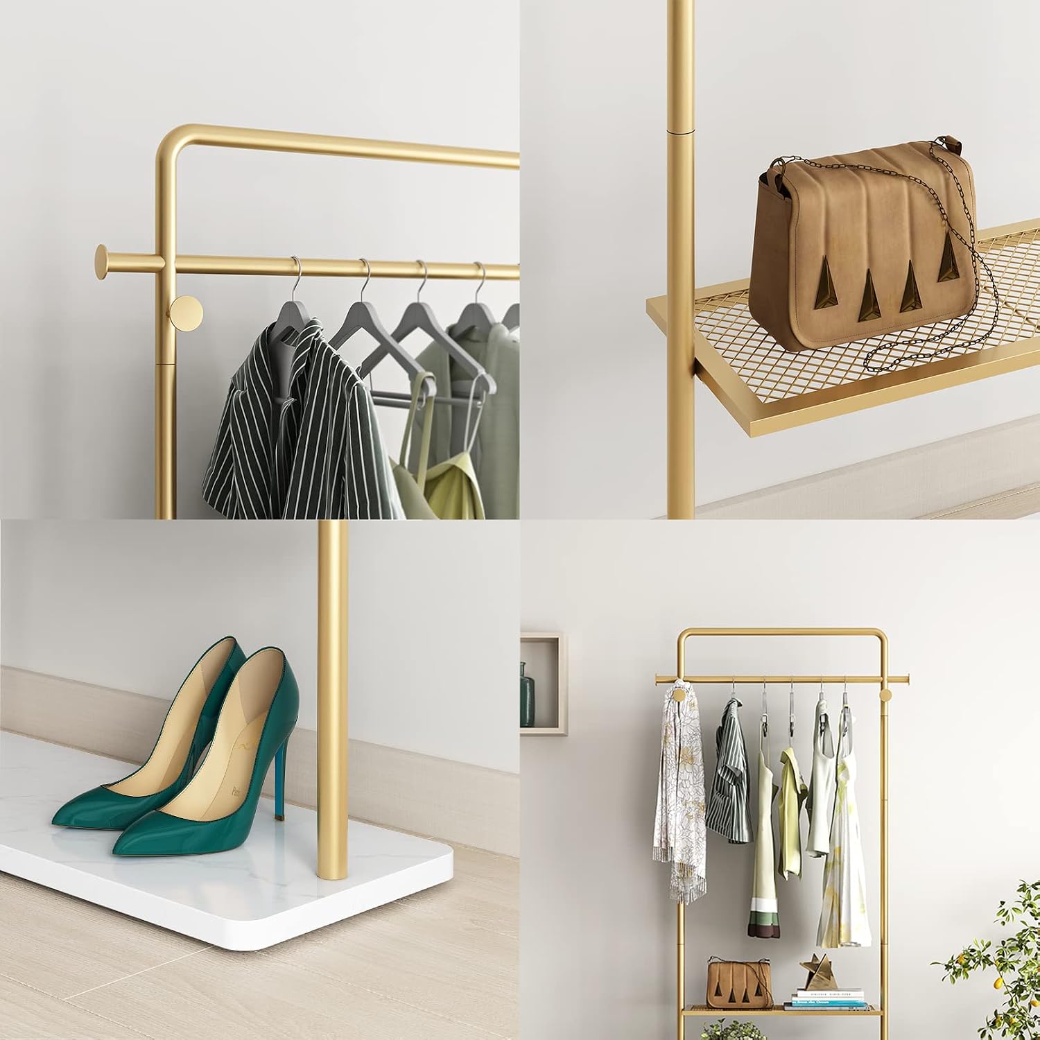 TIEOU Gold Coat Racks with Shelf, Heavy Duty Gold Clothing Racks for Boutiques, Free-Standing Metal Garment Rack for Hanging Clothes, Modern Clothes Rack Entryway(2 tier)