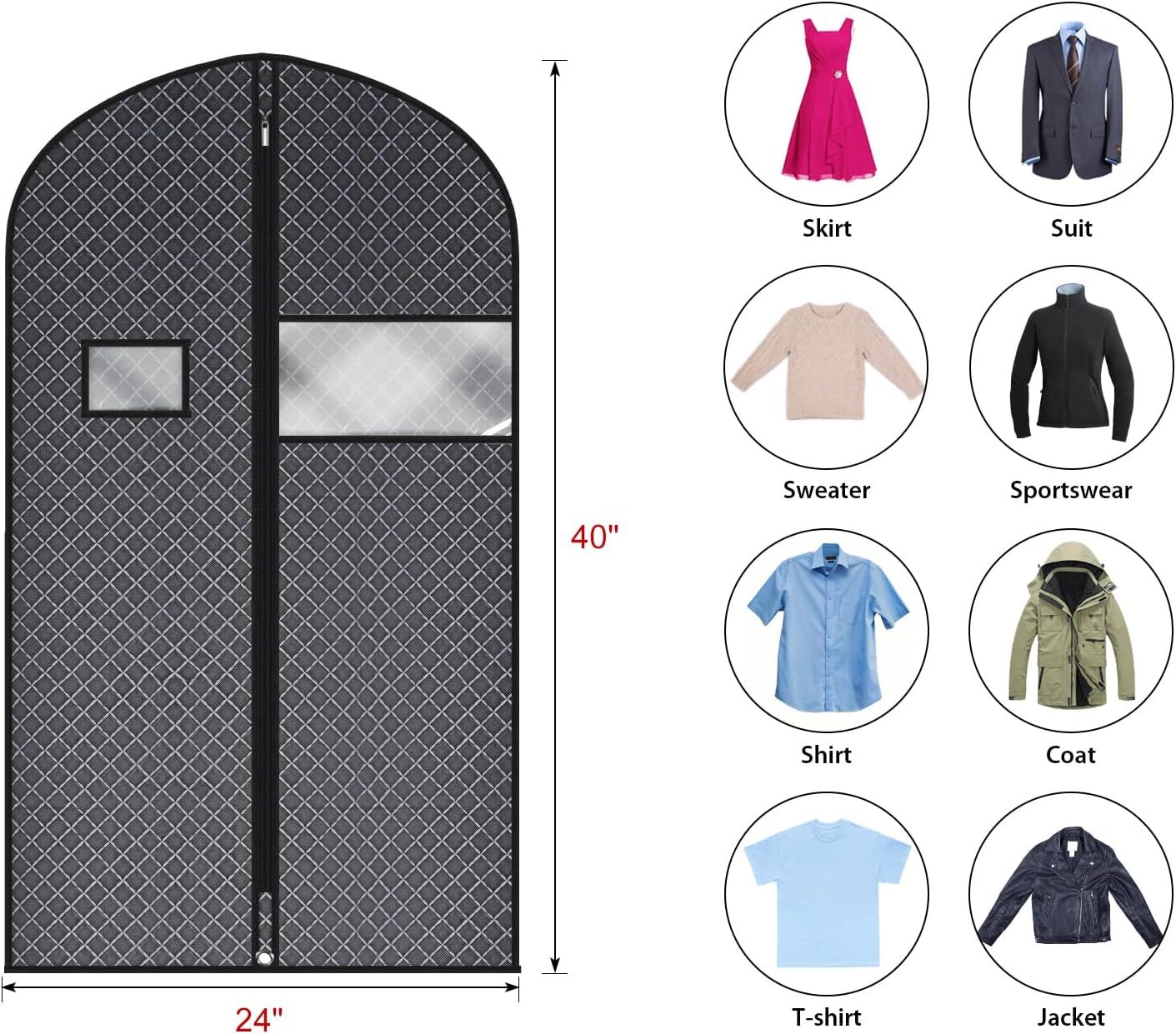 Univivi Suit Bags for Closet Storage and Travel, 40 Inch, 5 Pack, Black | Non-woven fabric, Breathable Suit Cover, Dustproof Hanging Storage Bag, Clear Window and ID Card Holder for Closet Storage