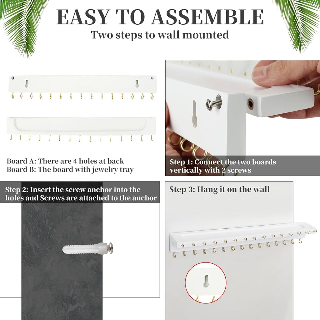 YYILIS Necklace Holder, Upgraded Extra Large Wall Necklace Organizer with 30 Hooks Wall Mounted Necklace Hanger with Jewelry Tray/Cosmetics Shelf Rustic Pine Wood Holder (2 Pack-Double White)