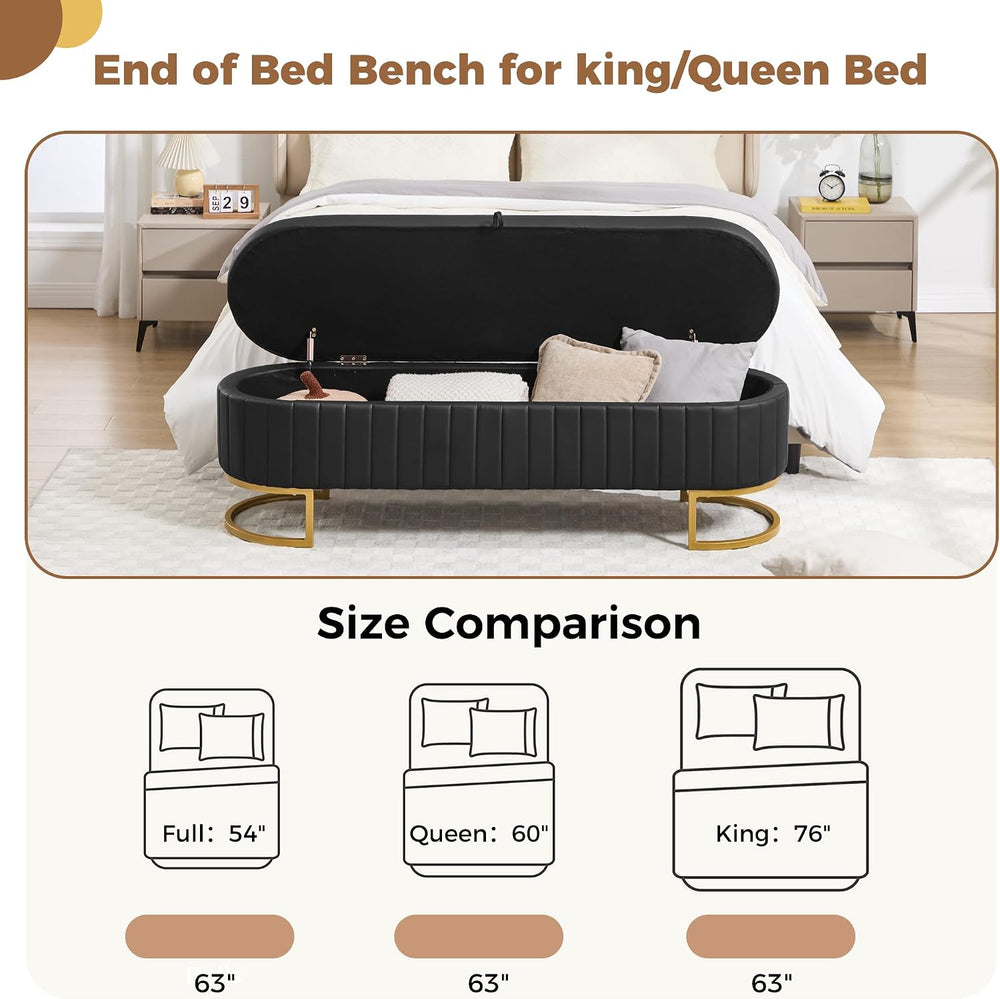 Storage Ottoman Bench, 63" Faux Leather End of Bed Bench Bedroom Bench K...
