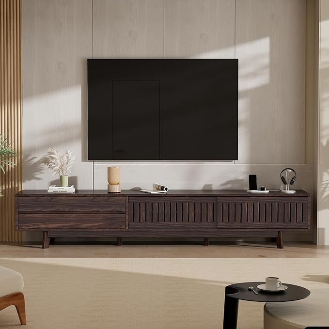 Mid Century Modern TV Stand for 100 Inch TVs, 94.5" Entertainment Center with Storage & Power Outlet, Media Console w/Drawers and Sliding Door, Television Stands for Living Room, Walnut