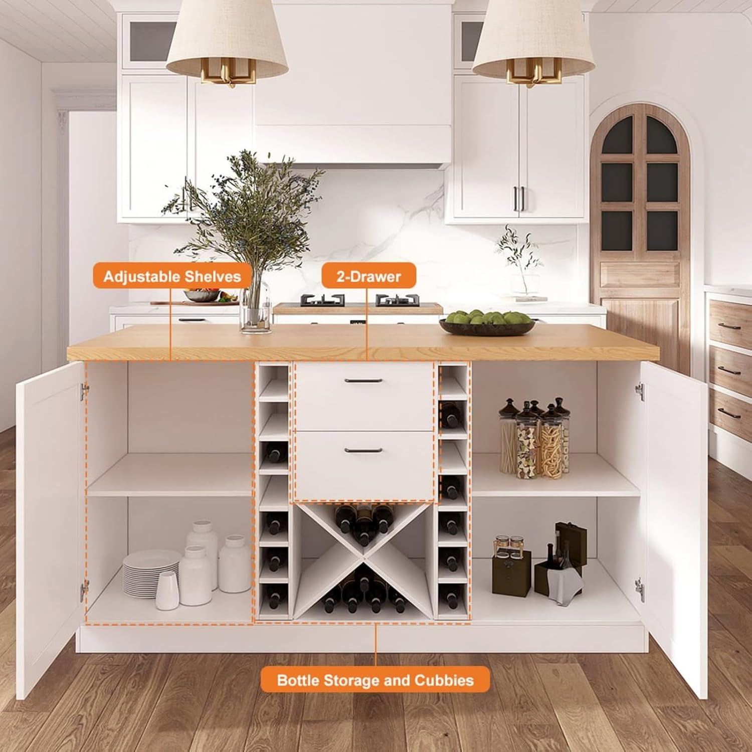 homary 59" Modern Kitchen Island with Storage & Wine Rack, Natural & White Kitchen Table with 2 Drawers, 2 Doors & Adjustable Shelves for Kitchen, Dining Room Prep Station & Organizer