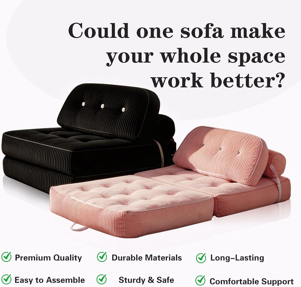 Folding Sofa Bed, Flannel Futon Couch Bed with Pillow and Blanket, Convertible Sleeper Chair for Small Space Apartment Guest Room, Black