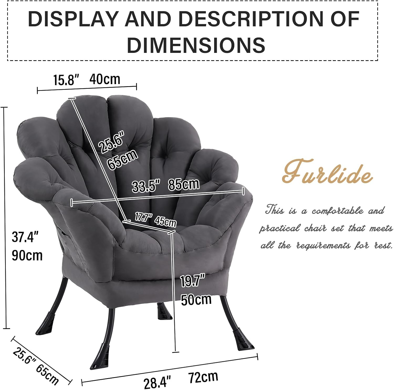 Lazy Chair for Living Room, Modern Floral Reading Chair, Dark Grey Accent Chairs, Comfortable Oversized Armchairs for Bedroom, Courtyard