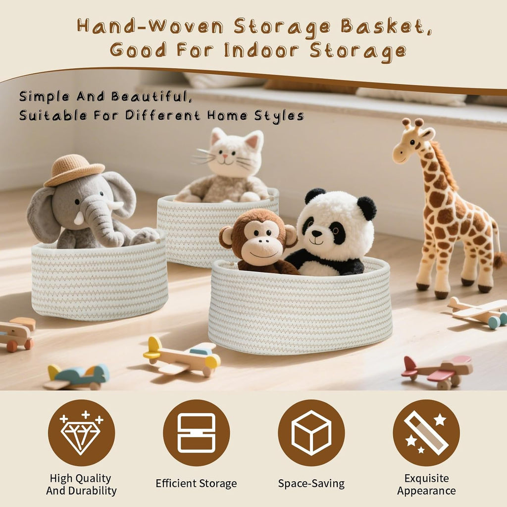 Cozary Storage Basket Set (Small Sizes) - Handmade Multifunctional Cotton Baskets, Organiser for Bathroom, Kitchen, Children's Room - Braided & Stackable, 3-Piece