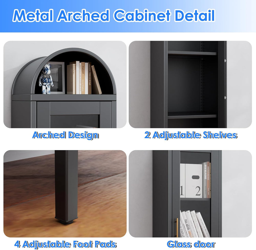 METAN Tall Metal Arched Display Cabinet with Glass Door, Narrow Freestanding ...
