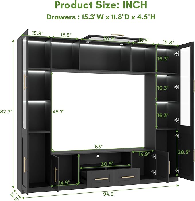 4-Piece Wall Unit TV Stand for TVs Up to 70", Modern Entertainment TV Wall Unit with LED Light, Large Wall Media Center for Living Room, Black