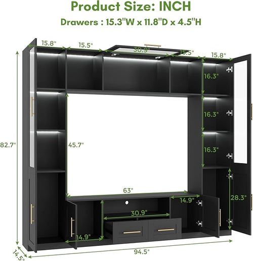4-Piece Wall Unit TV Stand for TVs Up to 70", Modern Entertainment TV Wall Unit with LED Light, Large Wall Media Center for Living Room, Black
