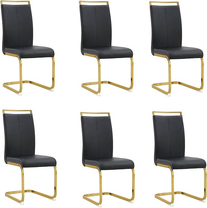 AZmac Modern Leather Dining Chairs Set of 6,Armless Kitchen Chairs,Dining Room Chairs with Upholstered Padded Seat and Sturdy Gold Legs for Dining Room,Kitchen (Set of 6, Black-Gold Leg)