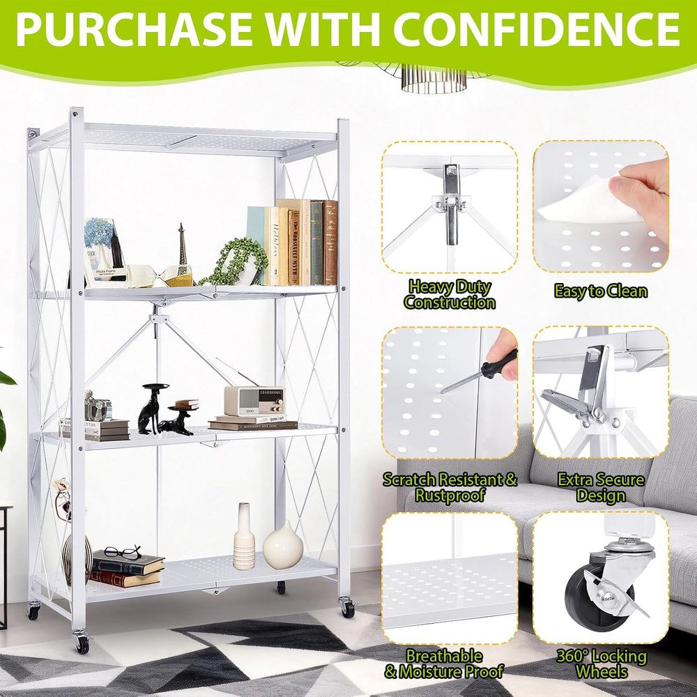 4-Tier Foldable Storage Shelf with Wheels, Metal Collapsible Shelving Unit, H...