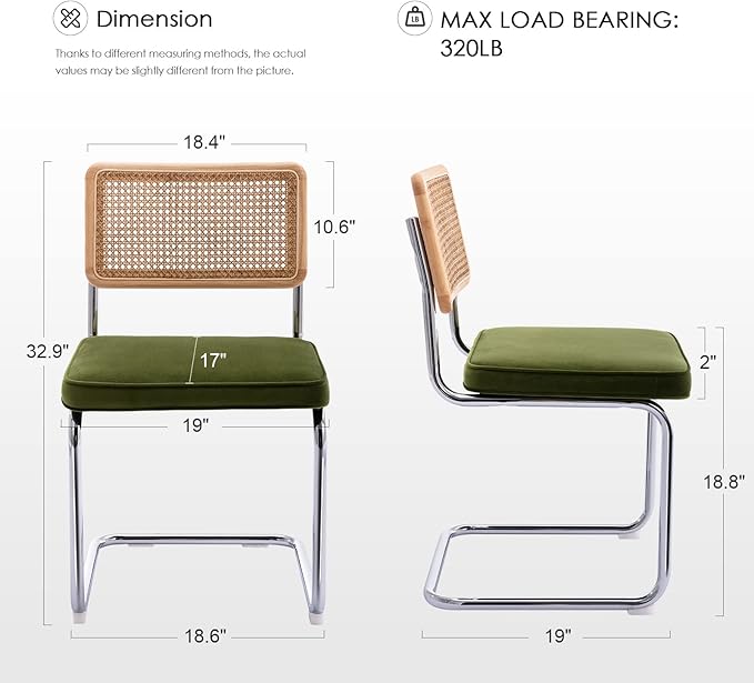 Zesthouse Mid Century Modern Dining Chairs Set of 4, Natural Rattan Dining Chairs with Solid Wood Back & Chrome Base, Upholstered Velvet Fabric, Green