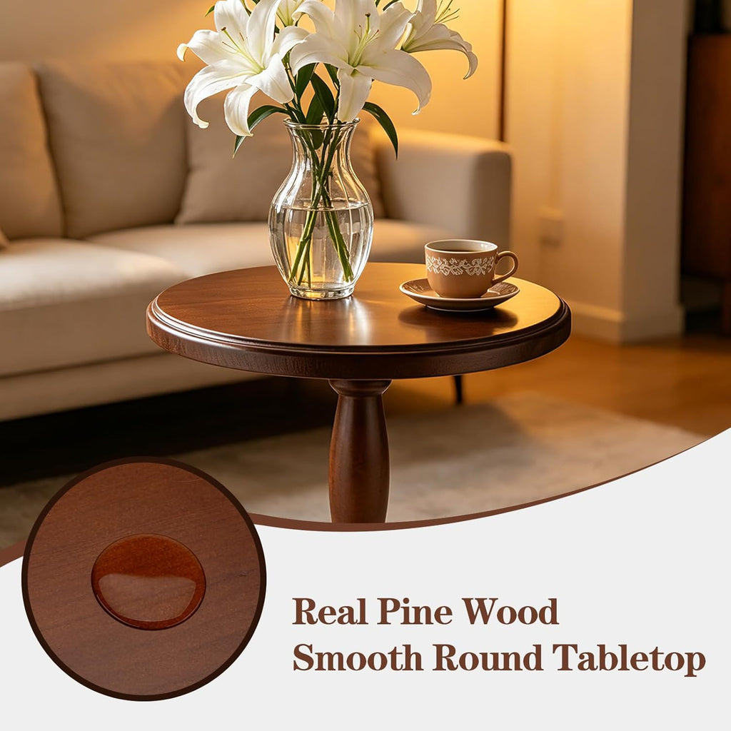 SANY DAYO HOME 12" Real Wood Round Drink Table, Small Pedestal Side Table with Decorative Beaded Design, Accent End Table for Living Room and Bedroom, Brown