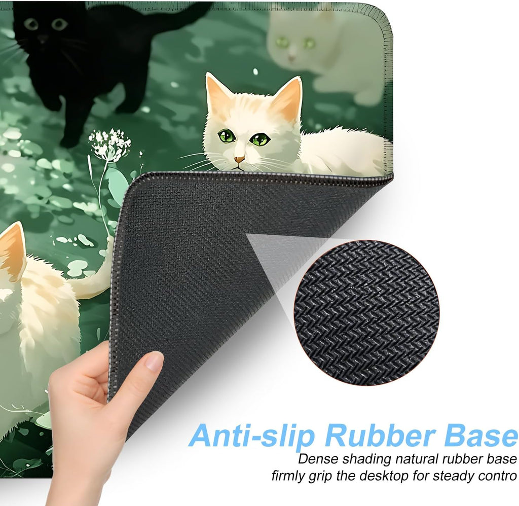 Cute Cat Mouse Pad Large Gaming Desk Mat - Kawaii Black and White Cats in Green Forest, Extended XL Mousepad with Non-Slip Rubber Base for Office, Home, PC, Laptop