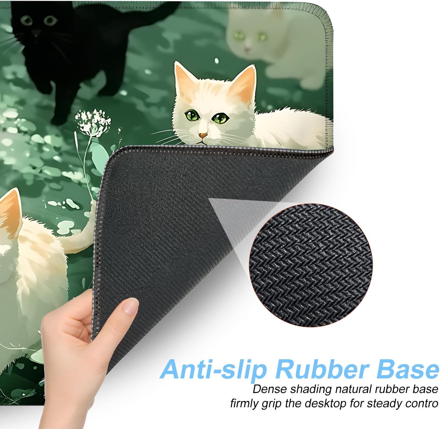 Cute Cat Mouse Pad Large Gaming Desk Mat - Kawaii Black and White Cats in Green Forest, Extended XL Mousepad with Non-Slip Rubber Base for Office, Home, PC, Laptop