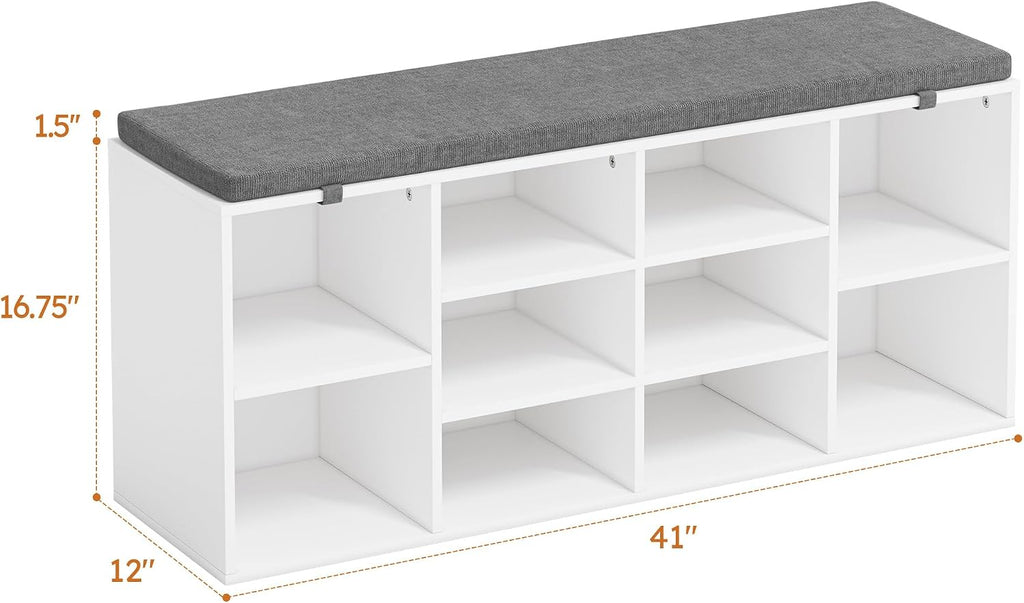 Shoe Storage Bench with Cushion, 41'' Long Entryway Bench with 10 Compartments Shoe Rack, Multifunctional Cubby Storage Organizer for Living Room, Hallway, Bedroom and Closet, White