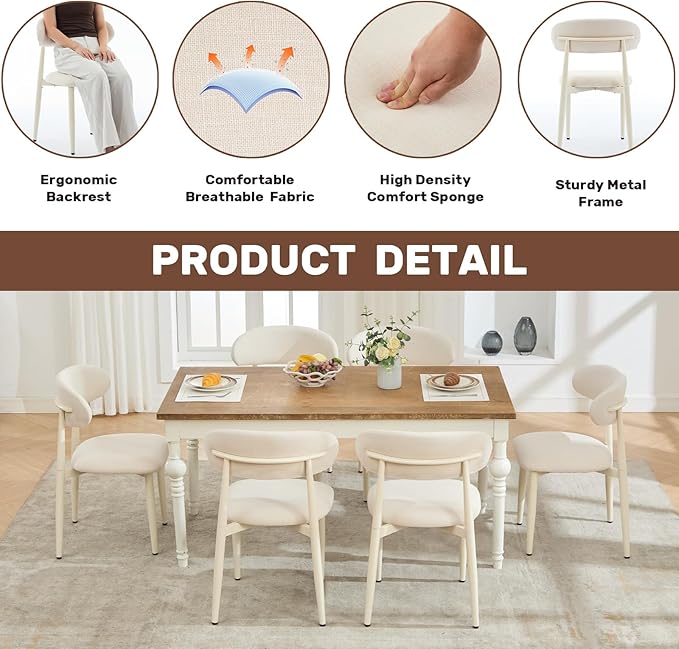UVV Dining Chairs Set of 8, Metal Kitchen Chairs with Modern Fabric Upholstered for Dining Room, Beige