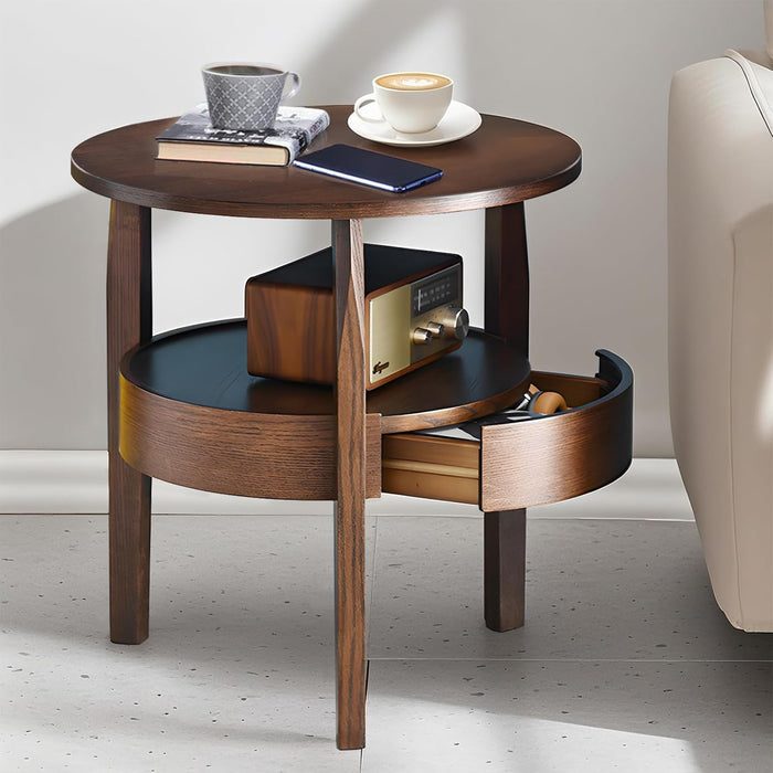 Large Round Coffee Table with Hidden Drawer - 23" D x 24" H Natural Wood Side Table with Drawer, 2-Tier Rustic Retro End Table with Storage, Small Coffee Table for Living Room, Dark Brown