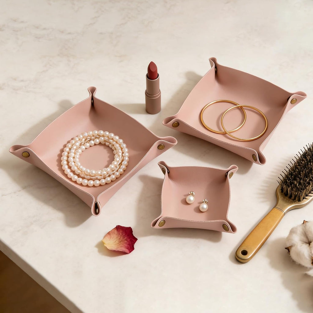 3 packs PU Leather Tray in 3 Sizes Jewelry Tray Glossy Leather Desk Organizer Leather Catchall Tray for Jewelry/Key/Coin/Sun Glasses/Watch/USB Cables etc. (Morandi Pink)