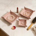 3 packs PU Leather Tray in 3 Sizes Jewelry Tray Glossy Leather Desk Organizer Leather Catchall Tray for Jewelry/Key/Coin/Sun Glasses/Watch/USB Cables etc. (Morandi Pink)