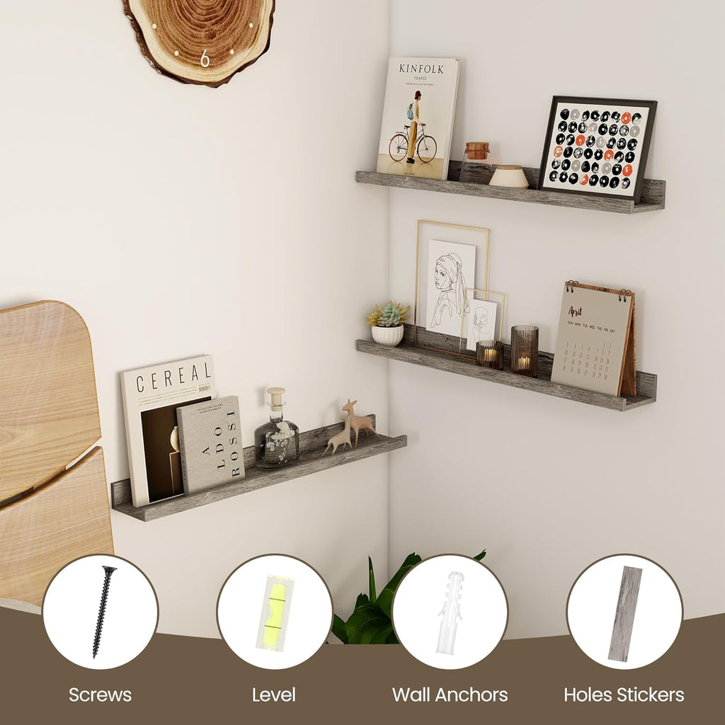 Axeman Floating Shelves for Wall - 24 Inch Picture Ledge Shelf Set of 2 - Rustic Picture Shelf for Wall with Ledge - Grey Floating Shelves with Lip - Photo Ledge Shelves for Pictures Nursery Books