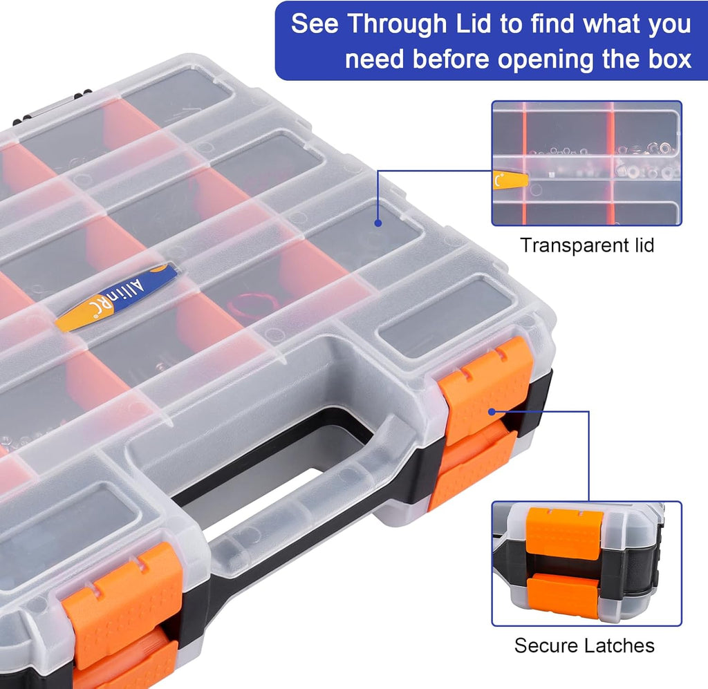 Small Parts Organizer Double Sided Parts Organizer with Removable Dividers 34-Compartments Storage Bins for Hardware, Screws, Nuts, Bolts, Washers, Nails, Fasteners, Tools