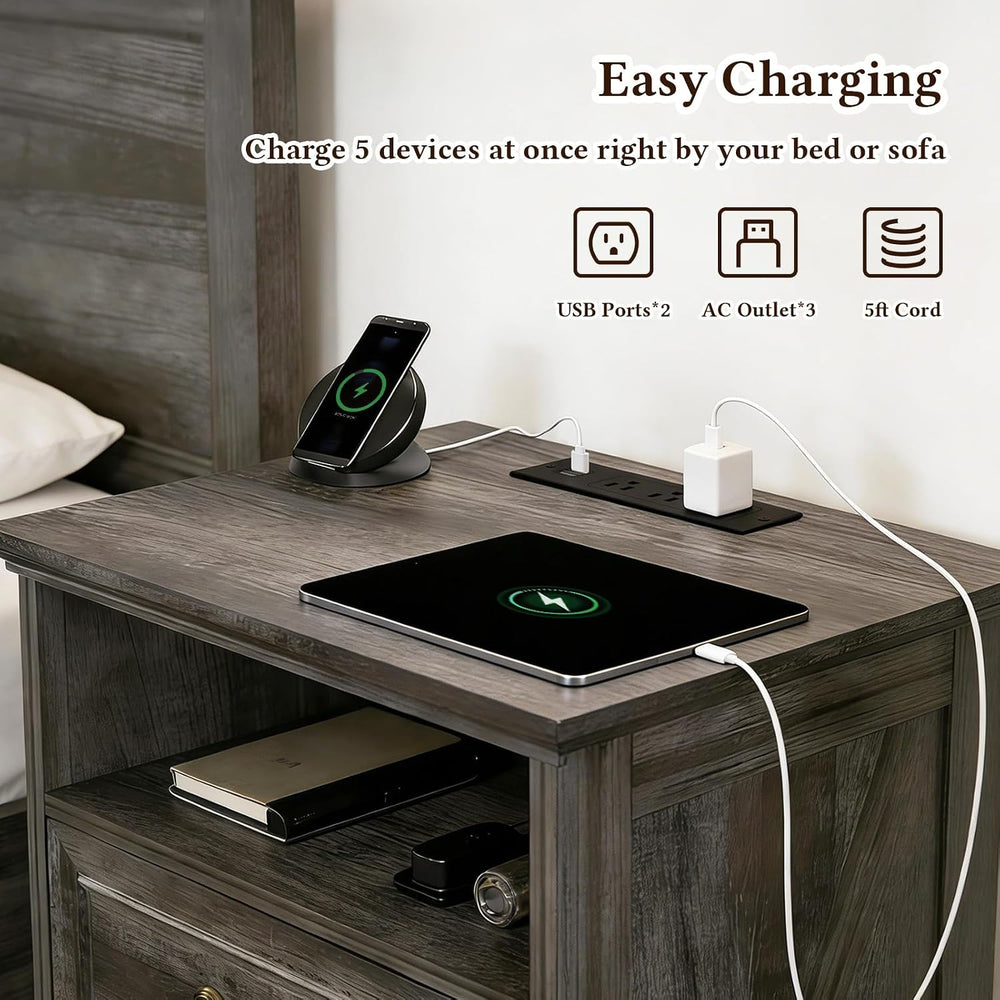 Farmhouse End Table with Charging Station, Rustic Wood Nightstand with 2 Larg...