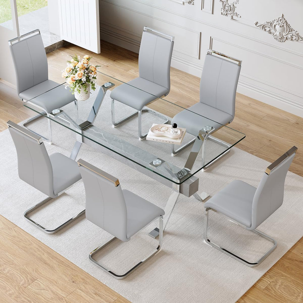 71" Glass Dining Table Set for 6｜Modern Dining Table Set for 6 with Faux...