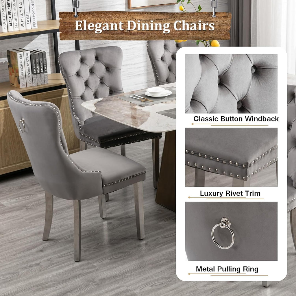 7-Piece Extendable Dining Table Set for 6-8 People 63"-78.7" Kitchen Table Set with 6 Grey Upholstered Chairs Modern White Faux Marble Rectangular Dining Room Table Set for Kitchen Apartment