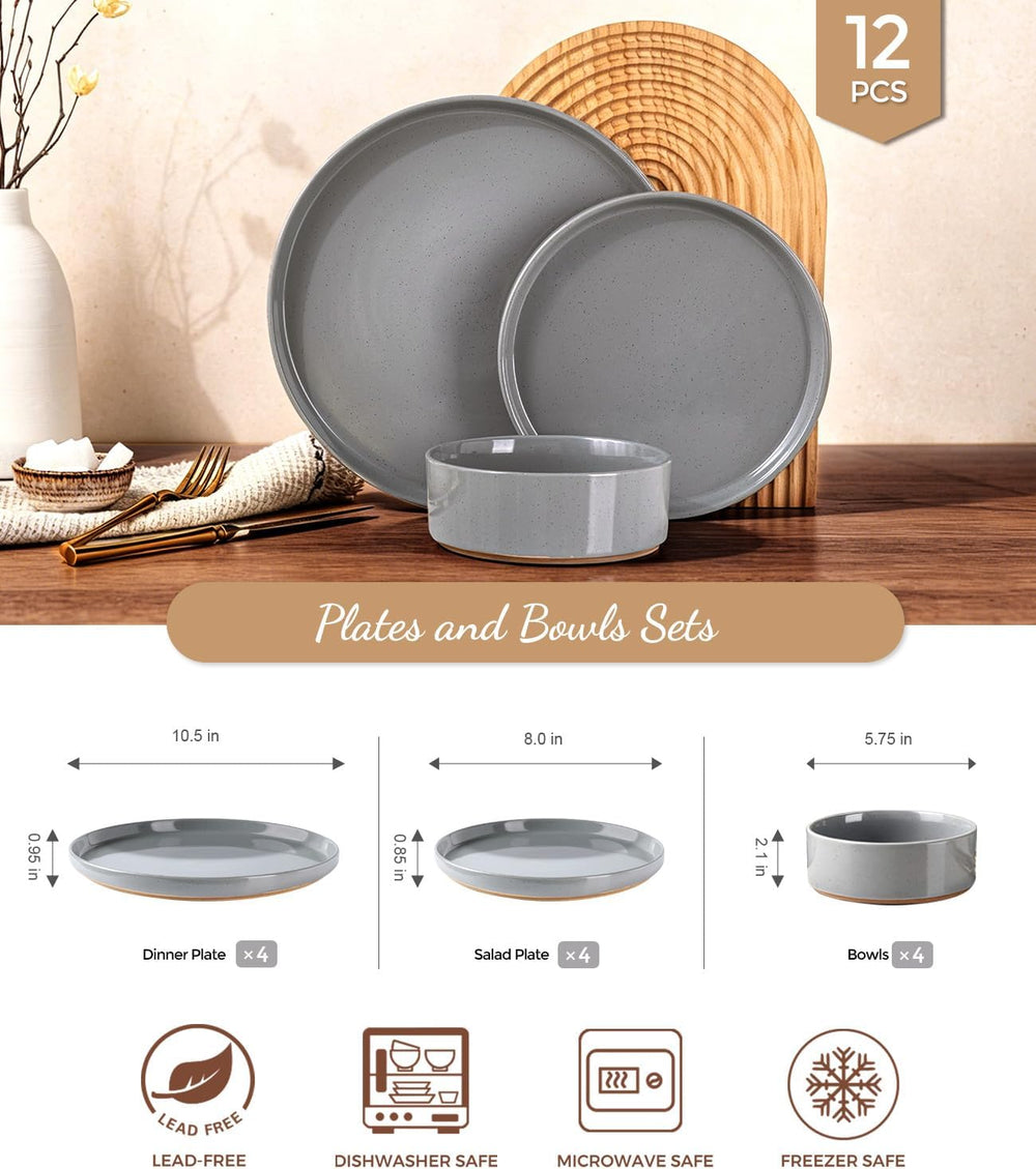 AmorArc Stoneware Dinnerware Sets for 4,12Pcs Plates and Bowls Set