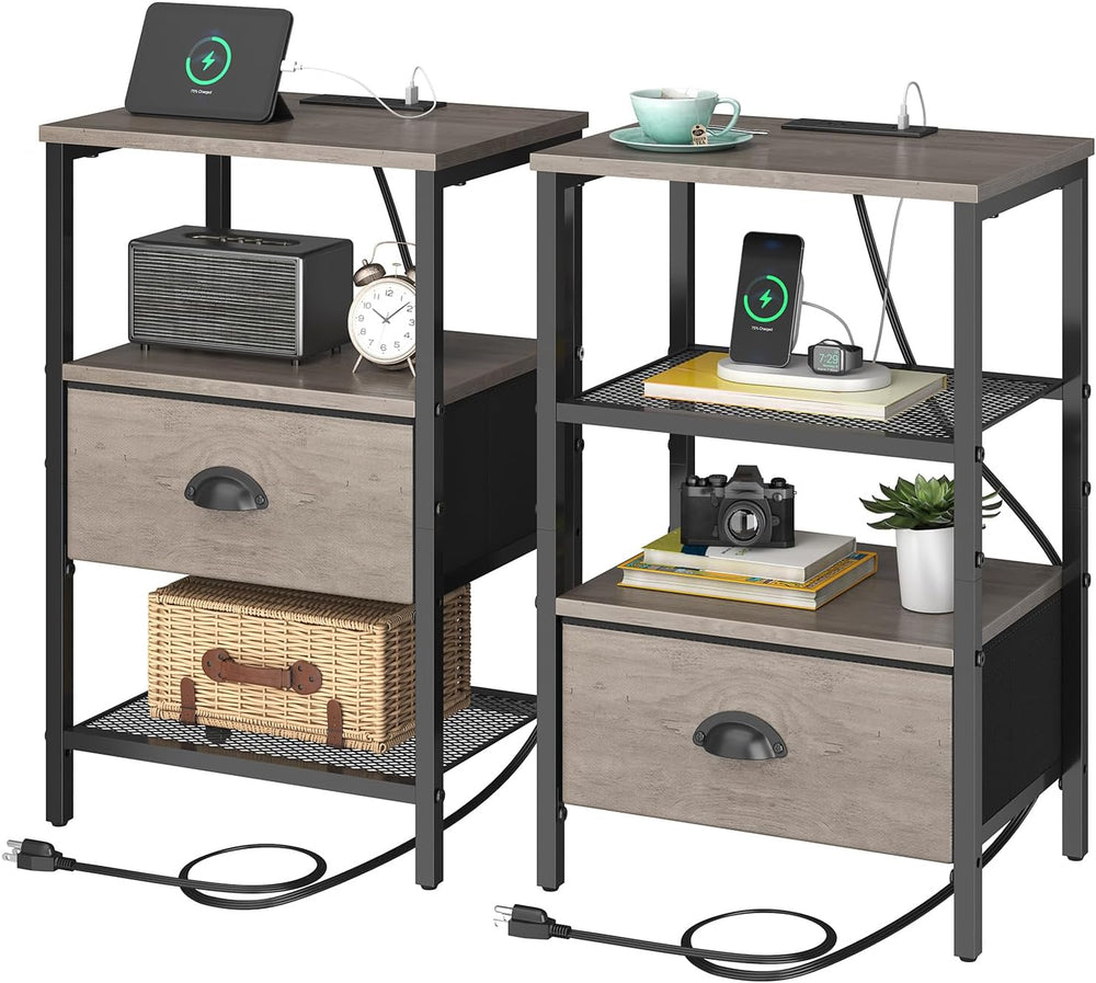 sthmec Nightstands Set of 2, Night Stands with Charging Station and Fabric Dr...