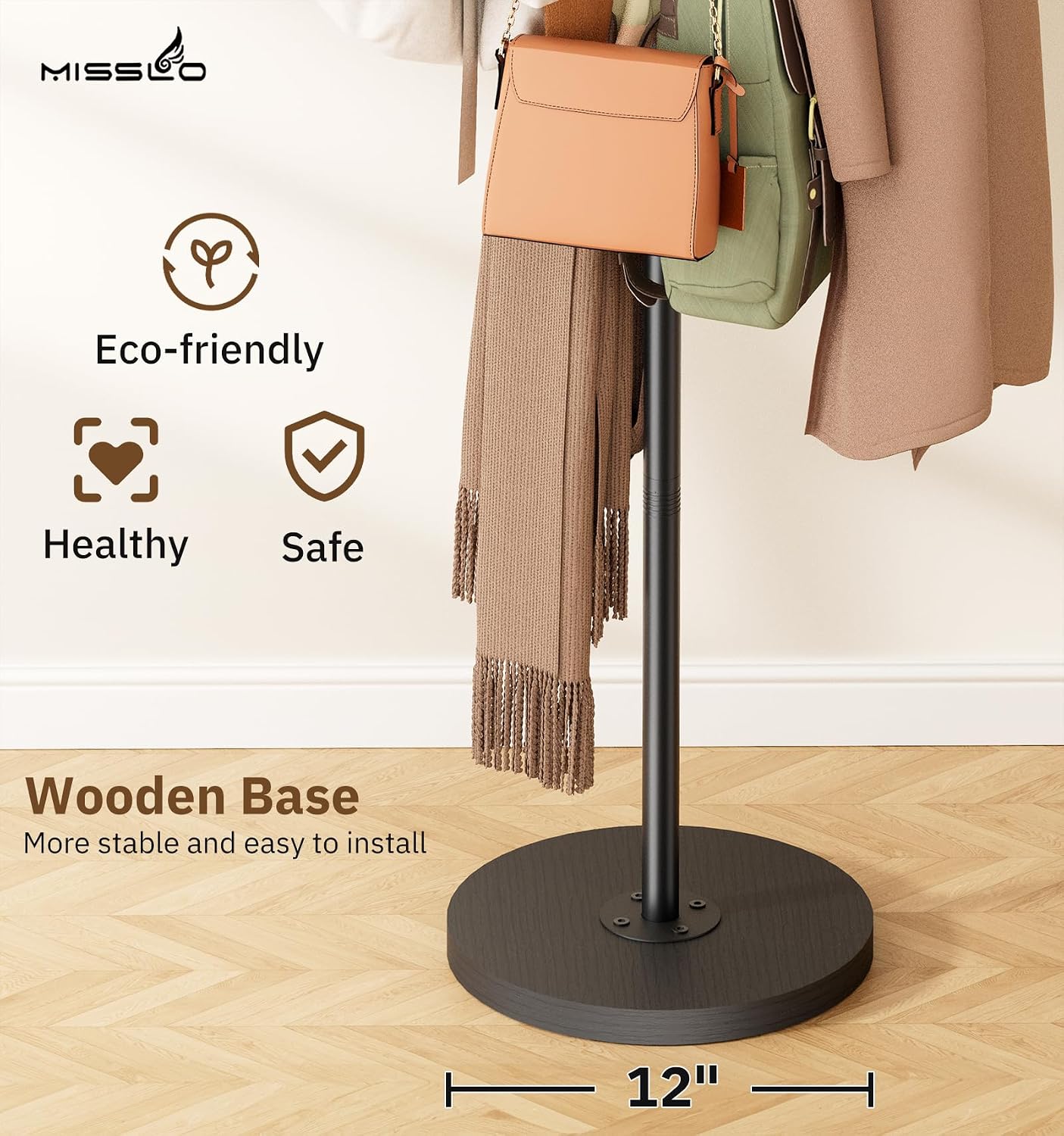 MISSLO Heavy Duty Coat Rack Freestanding with Stable Wood Base Metal Coat Tree Adjustable Coats Hanger Stand with 6 Hooks Clothes Tree for Jackets, Hats, Bags Standing Purse Rack for Bedroom, Office