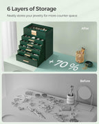 SONGMICS Jewelry Box Organizer with Glass Lid, 6-Layer Jewelry Storage, with 5 Drawers, Modern Style, Christmas Gift, 6.4 x 9.9 x 11.4 Inches, Forest Green and Gold Color UJBC171C01