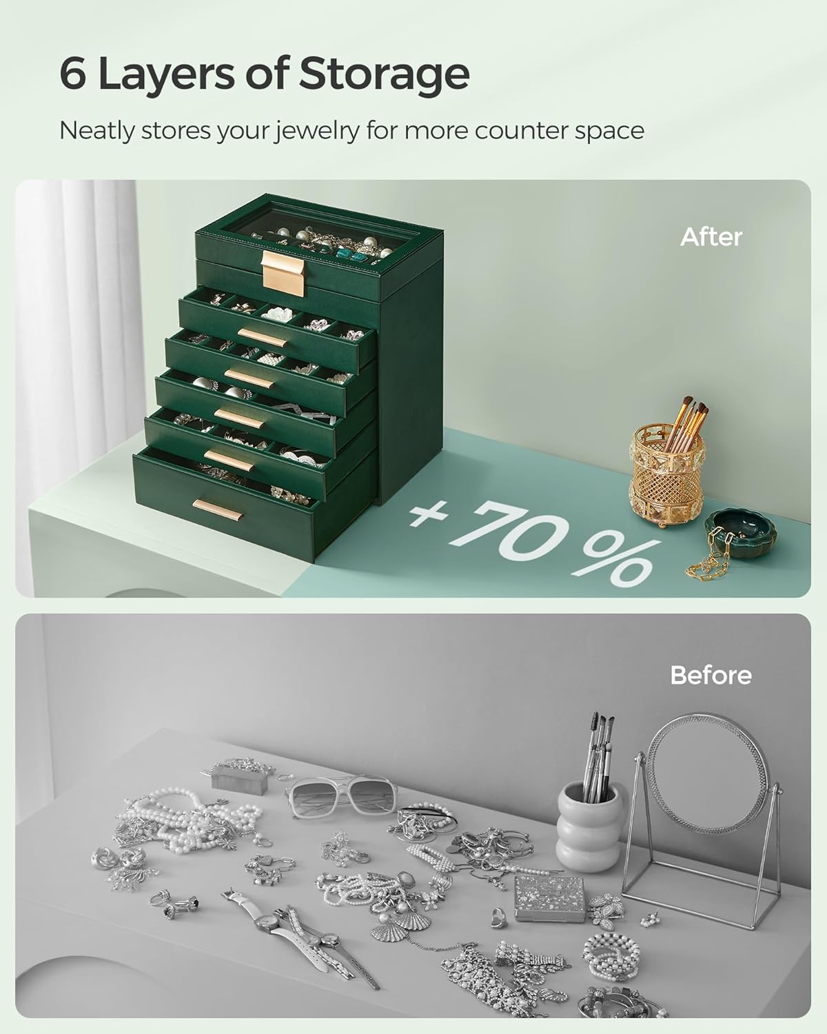 SONGMICS Jewelry Box Organizer with Glass Lid, 6-Layer Jewelry Storage, with 5 Drawers, Modern Style, Christmas Gift, 6.4 x 9.9 x 11.4 Inches, Forest Green and Gold Color UJBC171C01